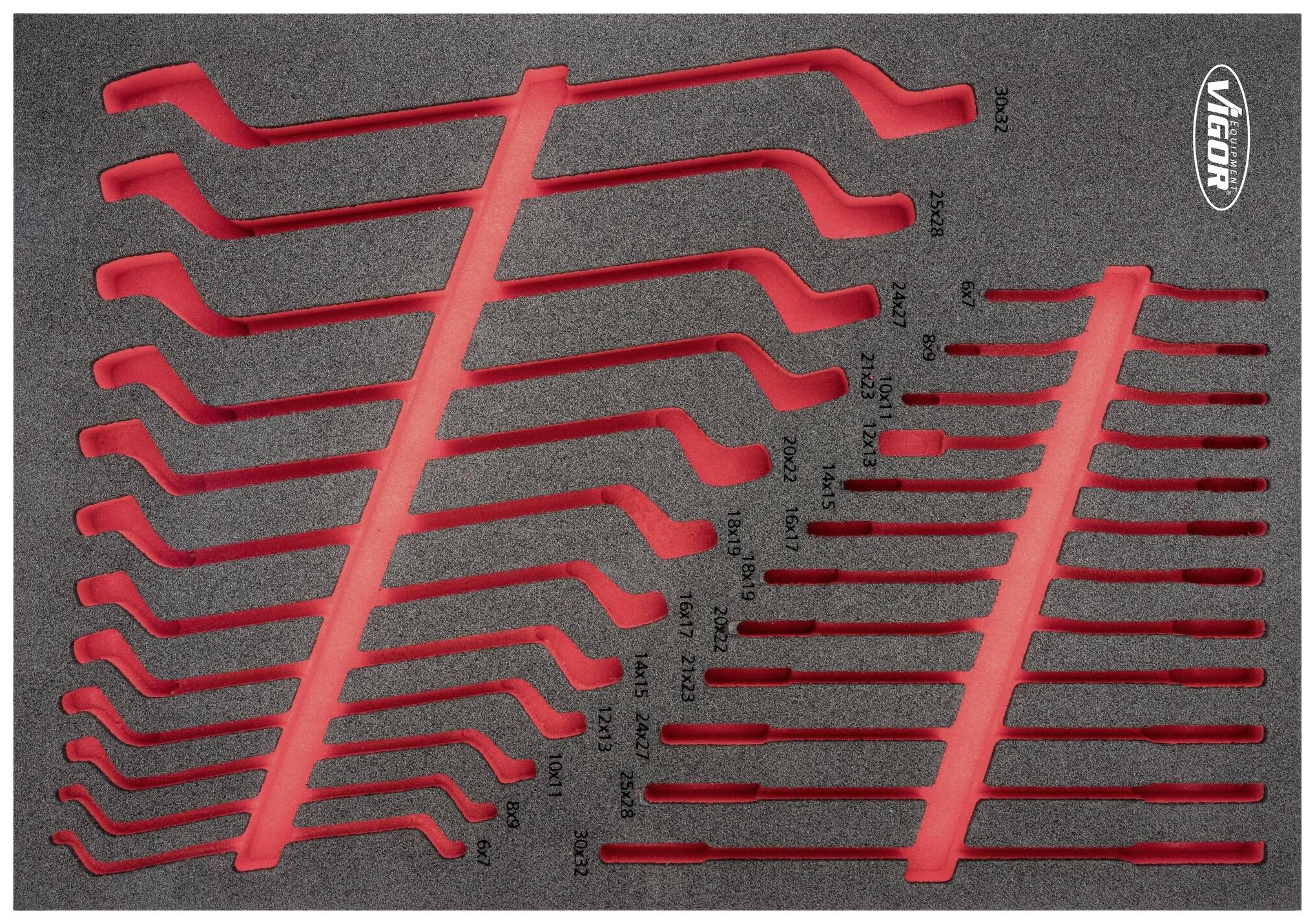 'Eva Einsatz' red foam insert shows twenty-two ring spanner forms, each neatly embedded in foam.