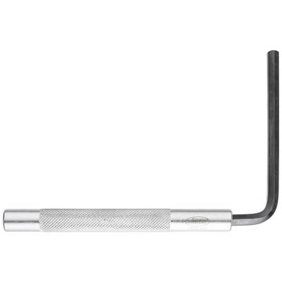 A metal L-shaped Allen key with a knurled grip shows its long and short arms. Used for tightening or loosening screws with a hexagonal socket head.