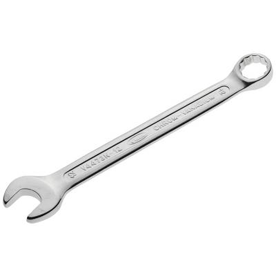 A silver chrome vanadium steel spanner, with an open-ended and ring-ended side.