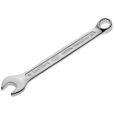 A silver chrome-vanadium spanner with an open and ring-ended design, set against a white background.