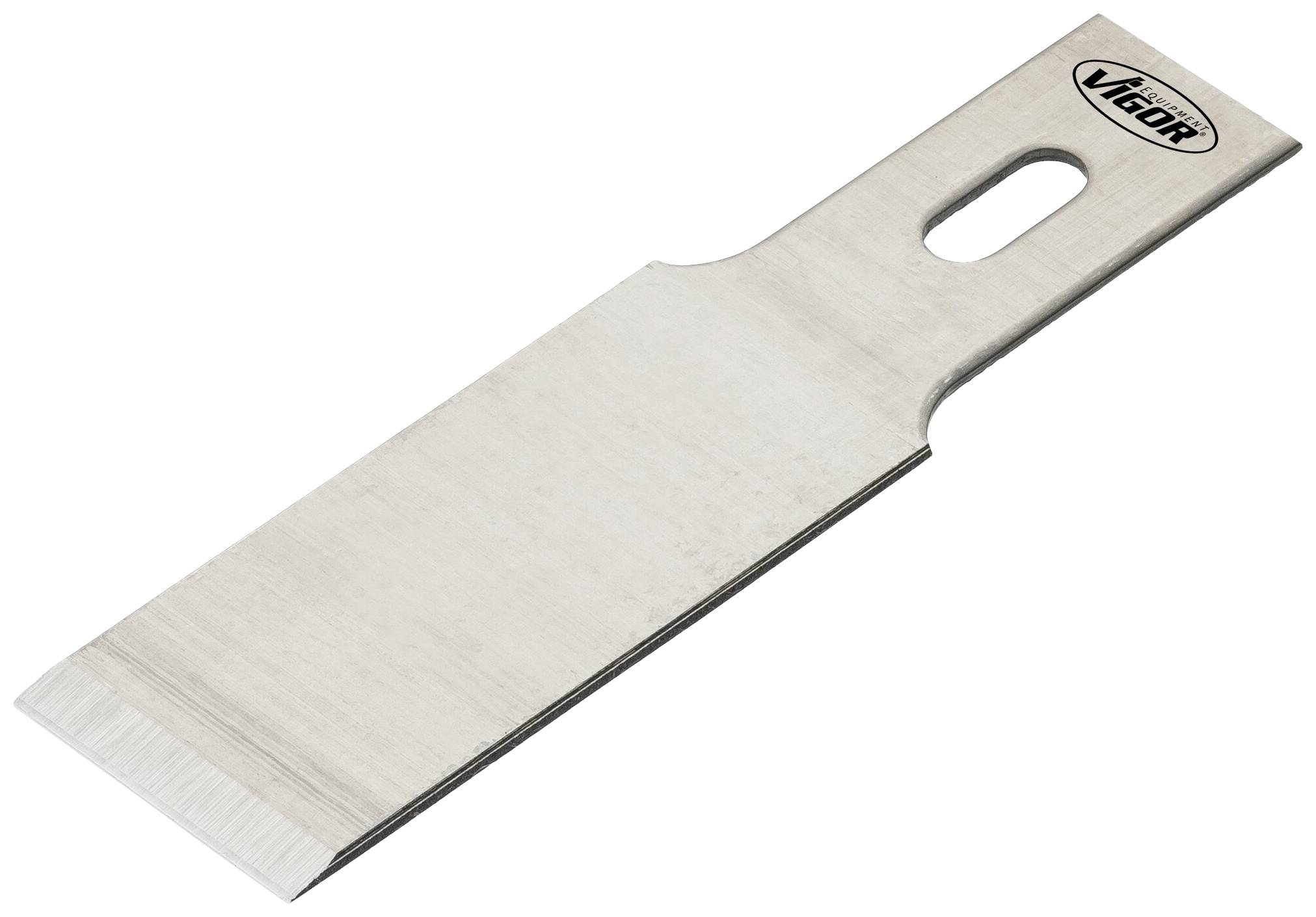 Flat metal scraper with Vigor logo at the top, suitable for removing paint or dirt from surfaces.