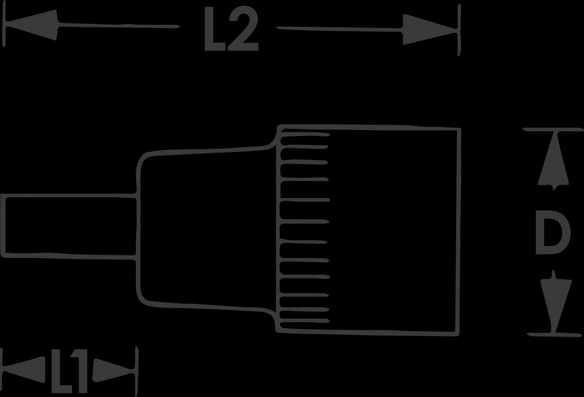 Technical drawing of a cylindrical object with lengths L1 and L2 and diameter D, all marked with arrows.
