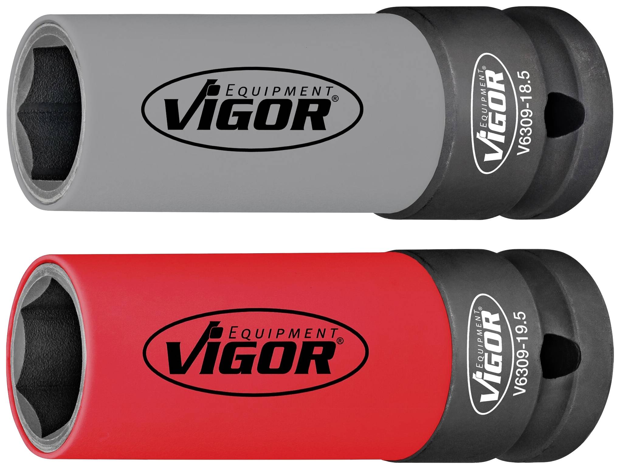 Two socket plugs, each inscribed with 'Vigor Equipment', one grey, the other red. They bear serial numbers.