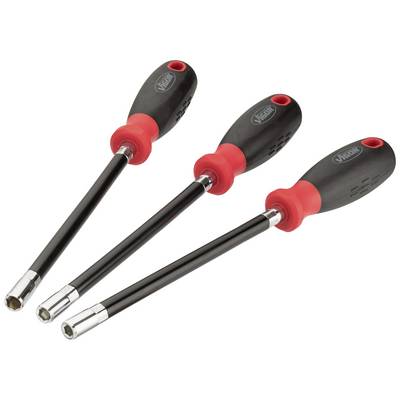 Three screwdrivers with black handles and red elements, arranged in different sizes on a light background.