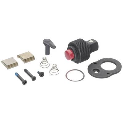 A set of spare parts for tools, comprising springs, screws, plates and a black handle with a red button.
