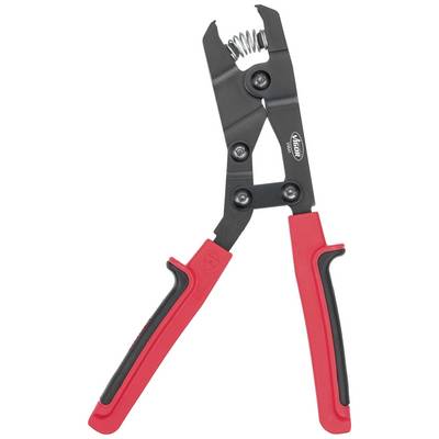 Red and black combination pliers with spring mechanism, suitable for gripping and cutting wires, plastic handle for better grip.
