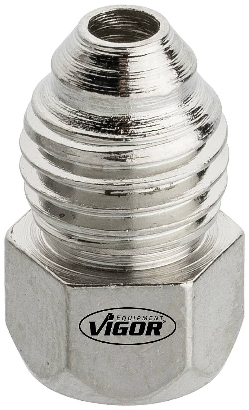 A silver hexagonal adapter with a ridged, tapered head, engraved with 'Vigor Equipment'.