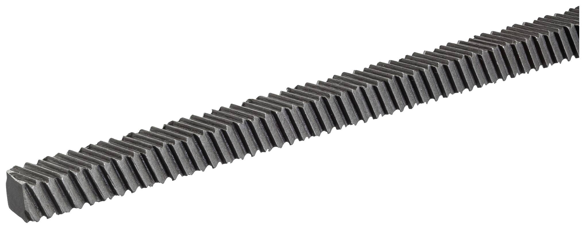 Metal gear rack viewed diagonally from above, showing evenly distributed teeth along its entire length.