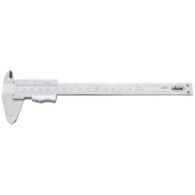 A silver vernier caliper with millimetre and inch scales, lying on a flat surface.