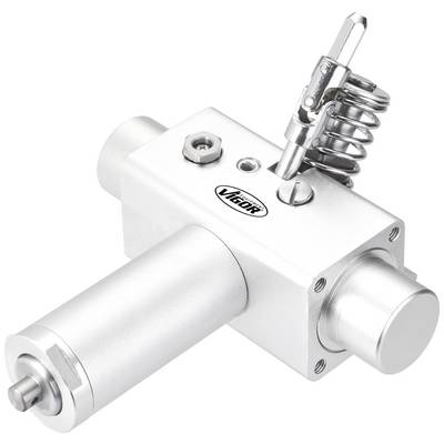 A silver valve device with a cylinder, spring, and lever, bearing the word 'Victor'. It shows parts of an industrial mechanism.