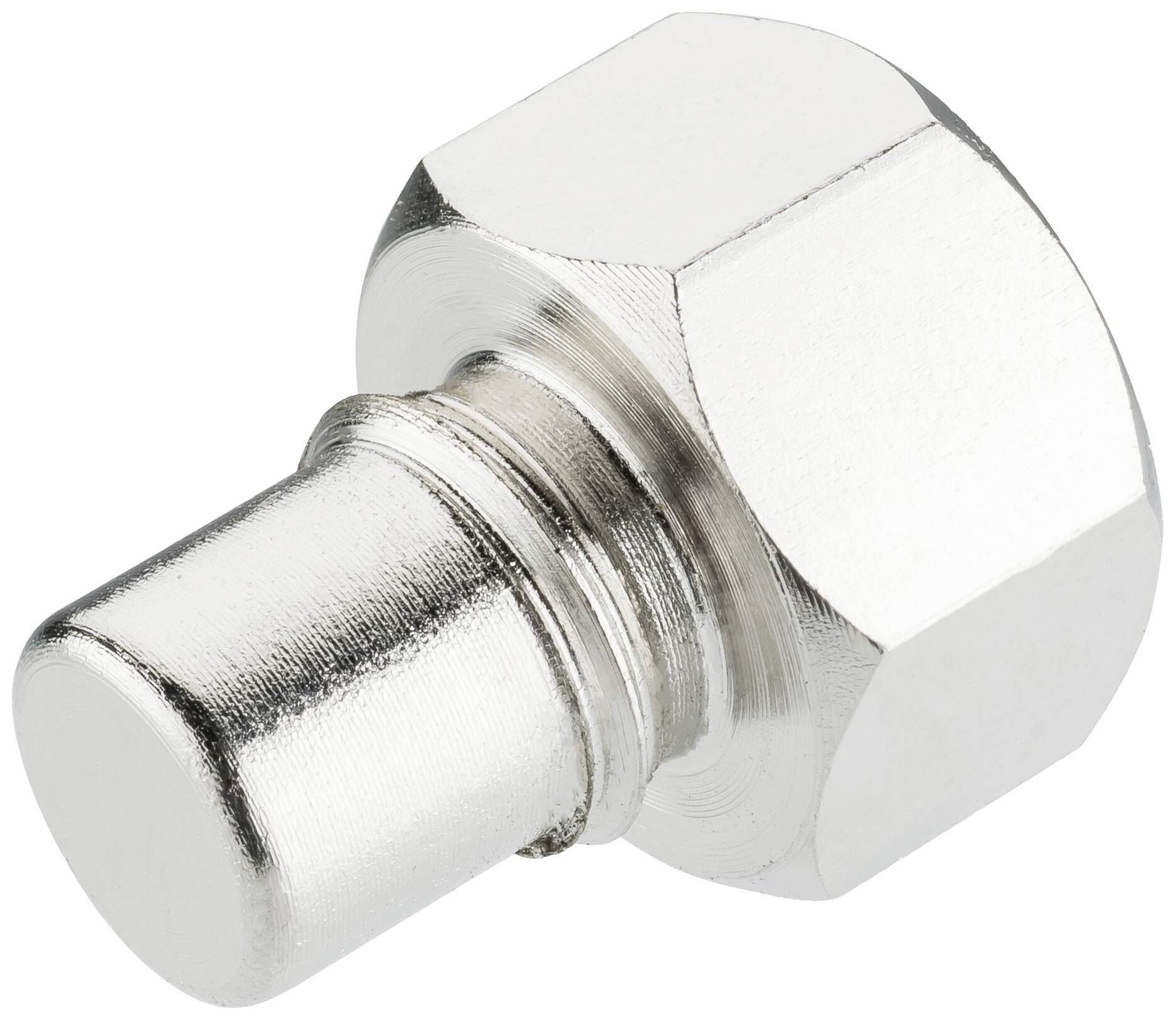 Metal connecting element with hexagonal head and cylindrical end, likely a fitting or adapter for plumbing applications.