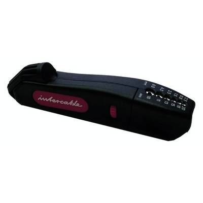 A black bicycle lock with a number combination. Button and 'innercable' inscription in pink on the side.