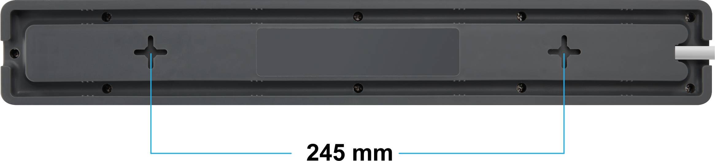 Black mounting bracket with holes for installation, with a cable emerging. Labelled '245 mm', indicating the length.