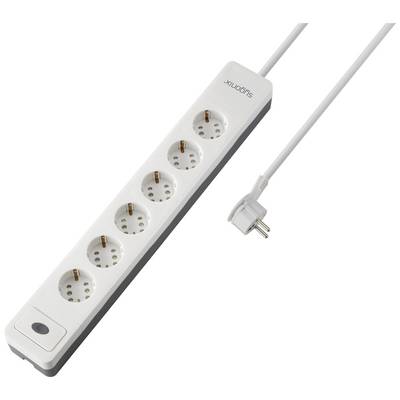 A white multi-socket extension with five sockets and a switch, connected to a white cable with a two-pin plug.