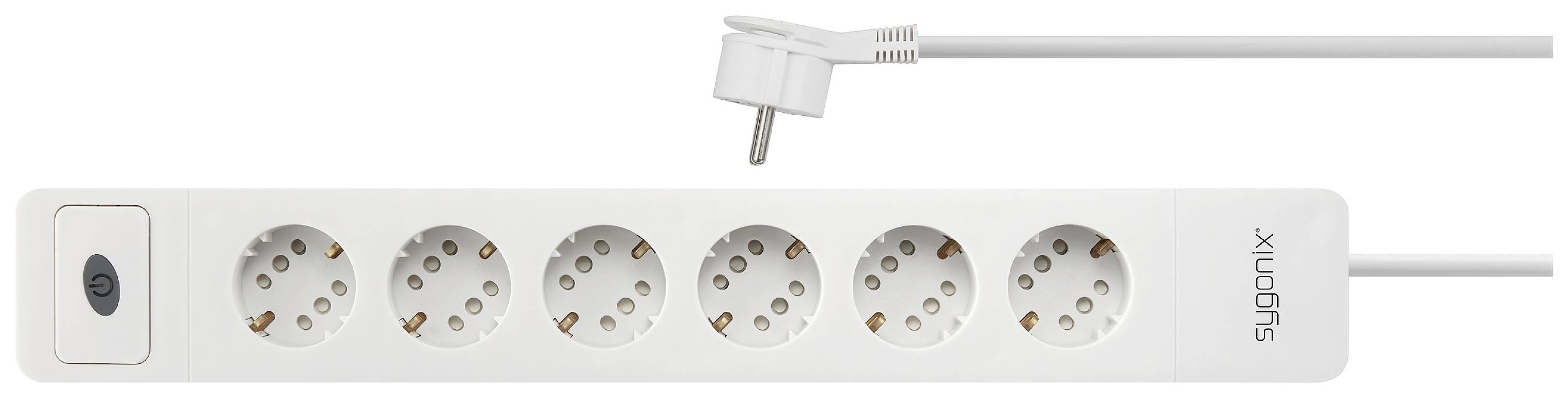 Six-way power strip with switch, white casing and angled plug. Ideal for extending power connections.