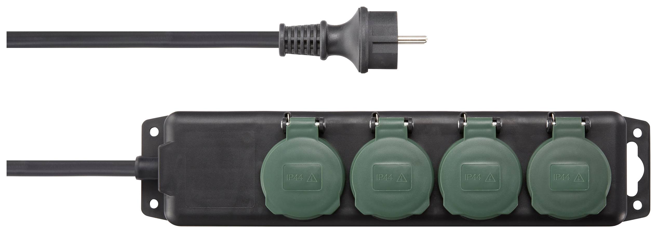 Black multi-socket extension with four green protective covers and black power cable with plug, suitable for outdoor use.