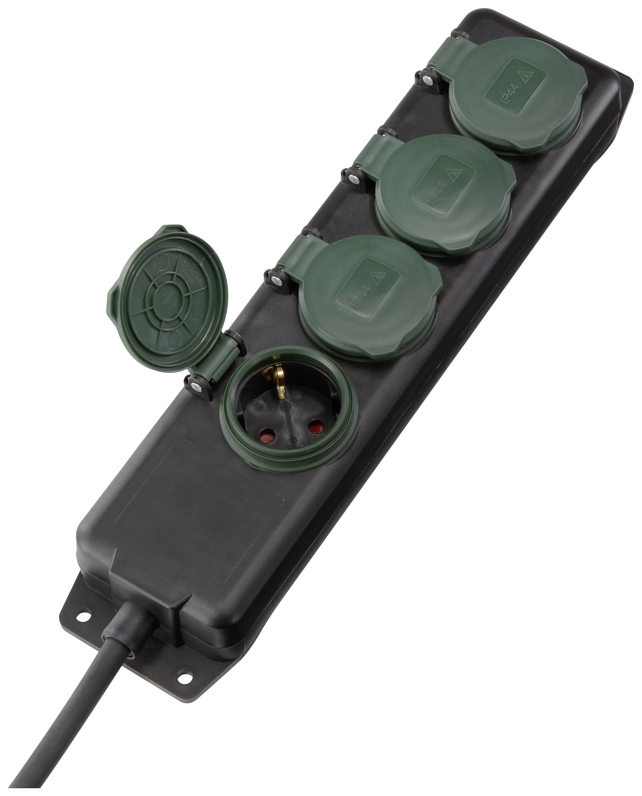 Black multi-socket extension with four plug sockets and green protective covers, one cover open, suitable for indoor and outdoor use.
