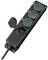 Black multi-socket extension with four plug sockets and green protective covers, one cover open, suitable for indoor and outdoor use.