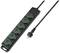 Black power strip with six green, closed protective covers and a mains cable with plug. Ideal for multiple connections.