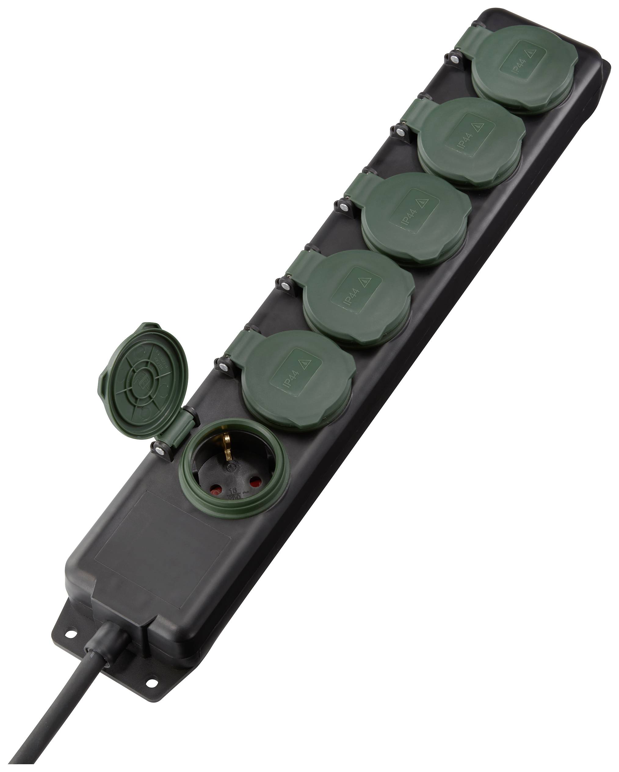 A black power strip with six green sockets, one open. Ideal for multiple connections in indoor spaces.