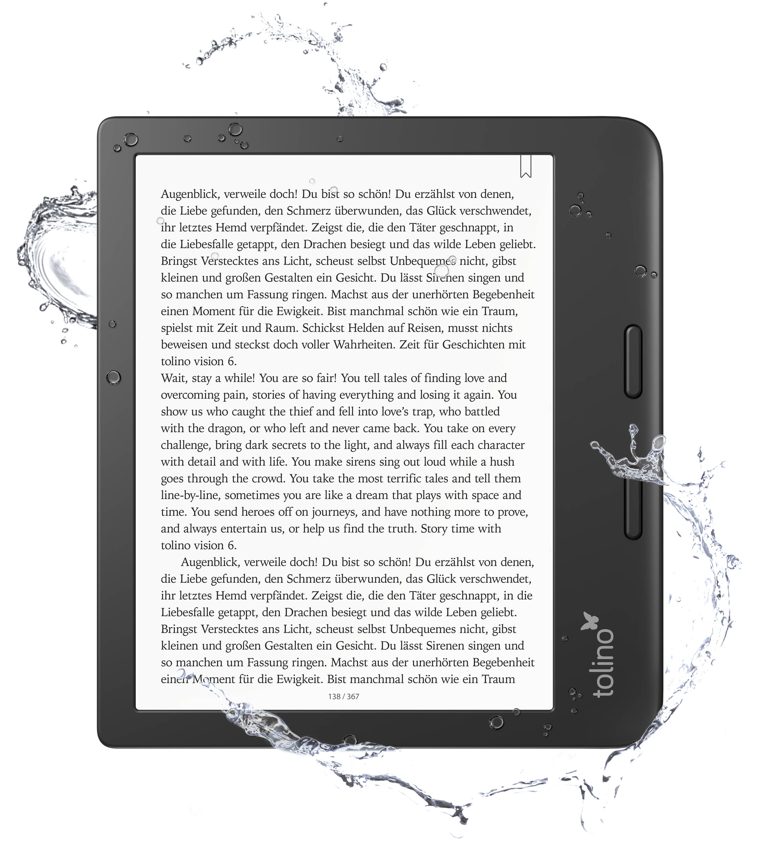 An e-reader with text on the screen, surrounded by water splashes, indicating water resistance.