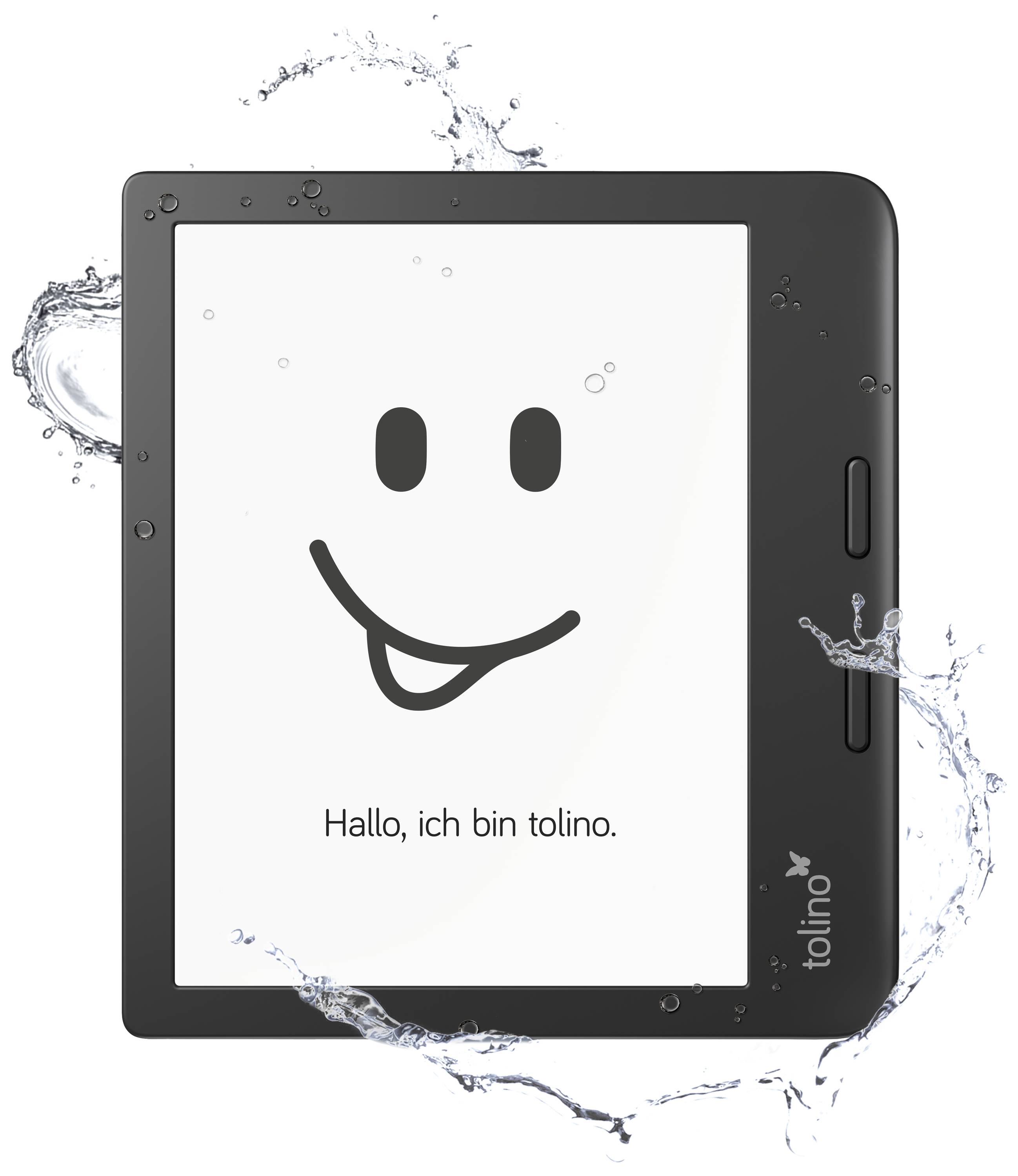An e-reader with a smiley face and the text 'Hello, I am tolino.' surrounded by splashing water.