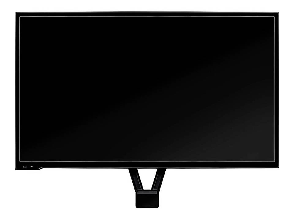 A black, rectangular computer screen on a white background. The screen is switched off and slightly reflective.