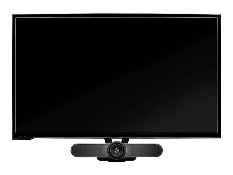 A black flat-screen television with a camera at the bottom edge of the screen. The screen is switched off.