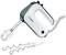 A white hand mixer with grey accents and a whisk attachment. Two dough hooks are placed beside it. Brand: Bosch.