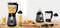 Several kitchen appliances on a table: A standing blender with chopped mango pieces, a mixing jug, a food processor and accessories.