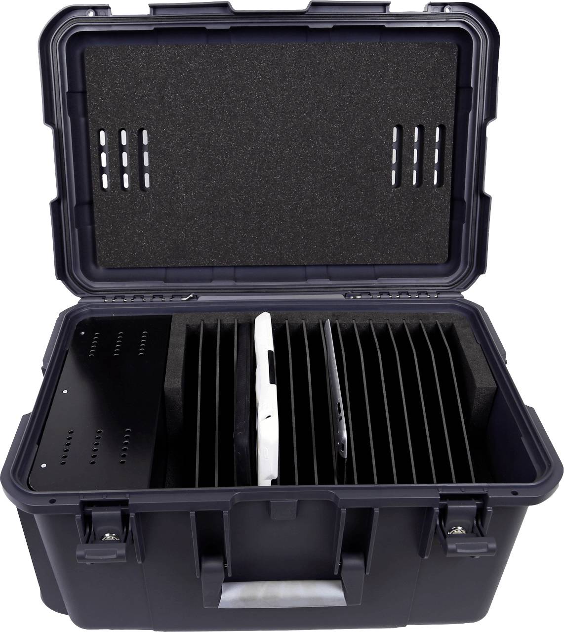 Open black suitcase with compartments for storing tablets. Foam padding provides protection. Ideal for transport and organisation.