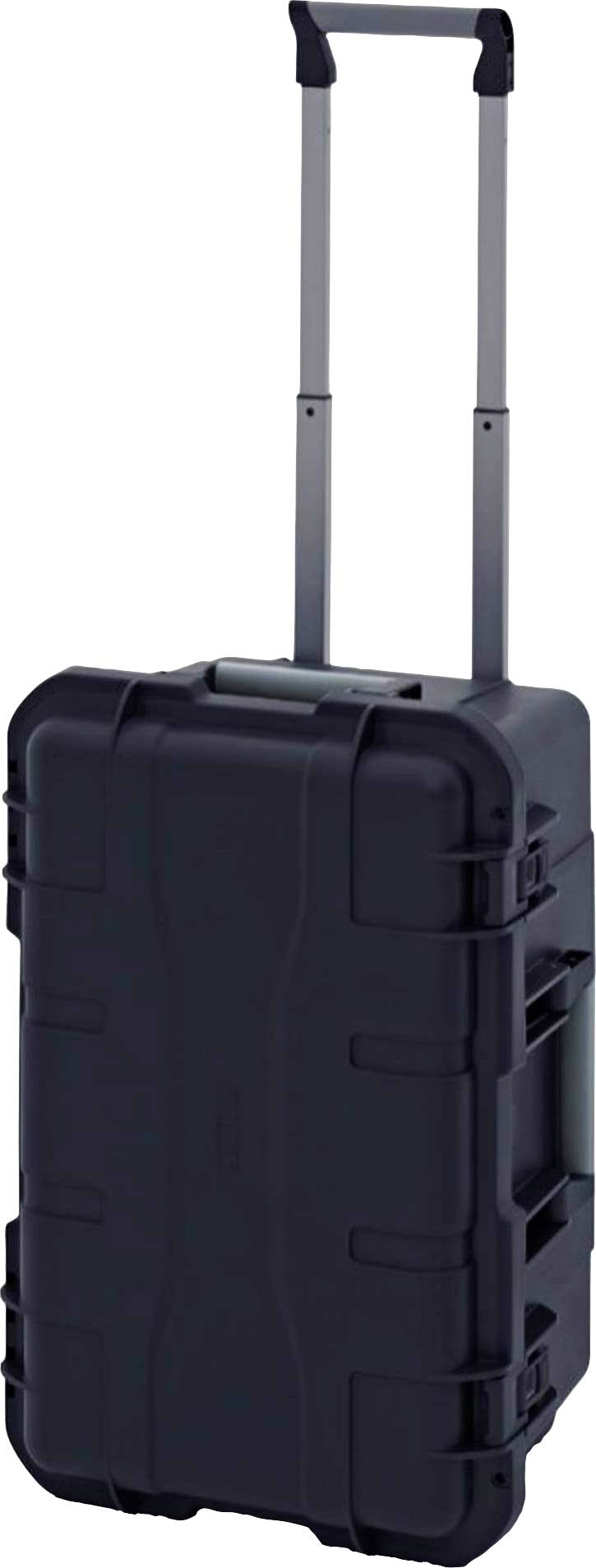 Black, robust rolling suitcase with extendable telescopic handle and lockable closures. Ideal for travel or secure transportation.