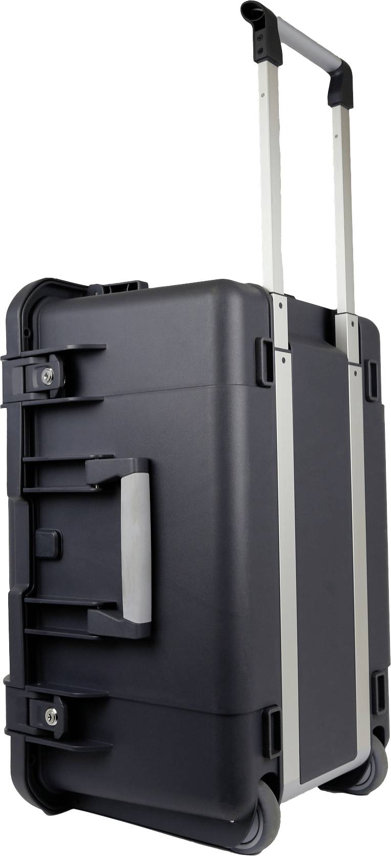 Black, sturdy rolling suitcase with handle and side locks, standing upright.