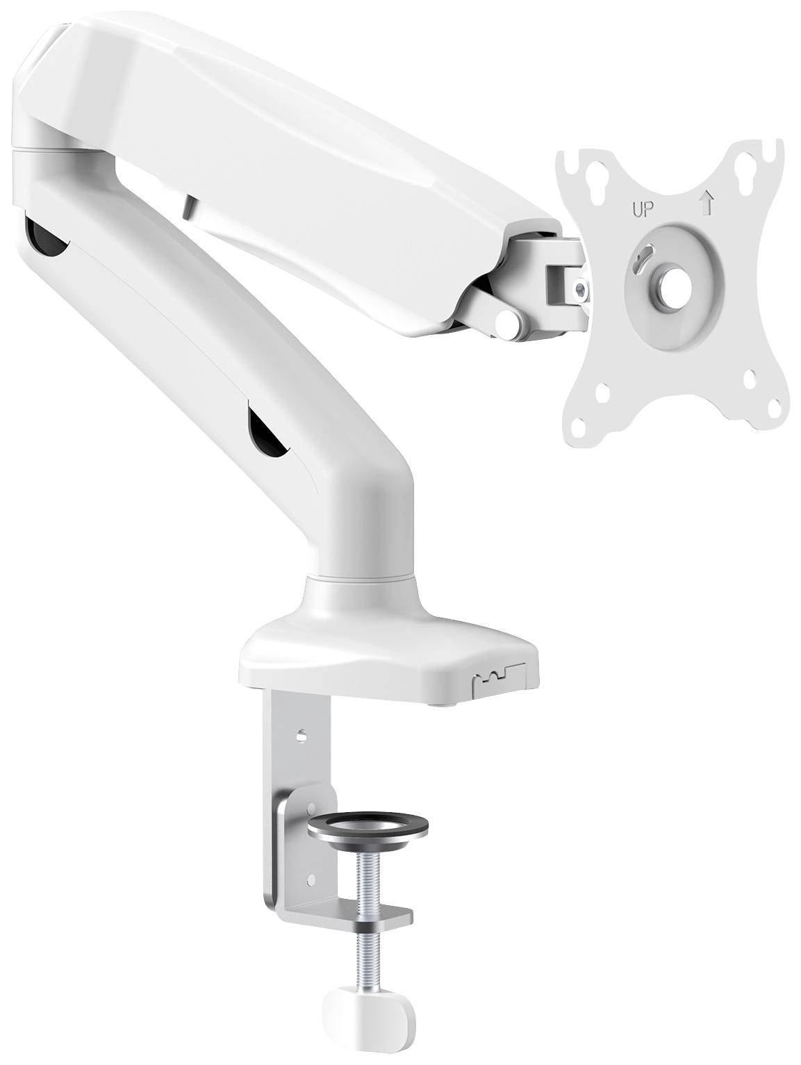 A white, adjustable monitor arm with desk clamp and VESA mount, suitable for ergonomic positioning of screens.