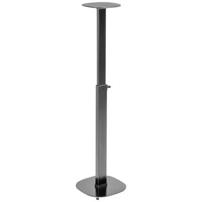 Black metal stand with a square base and upper shelf, suitable for presentation or decorative purposes.