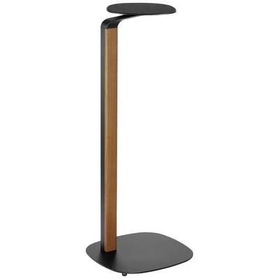 A modern black and brown clothes stand with minimalist design and rounded edges.