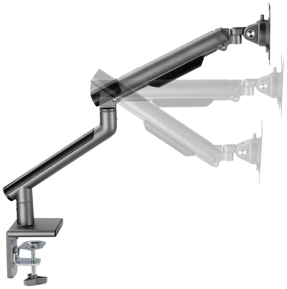 An adjustable monitor arm bracket, mounted on a desk, demonstrates the arm's flexibility in various positions.