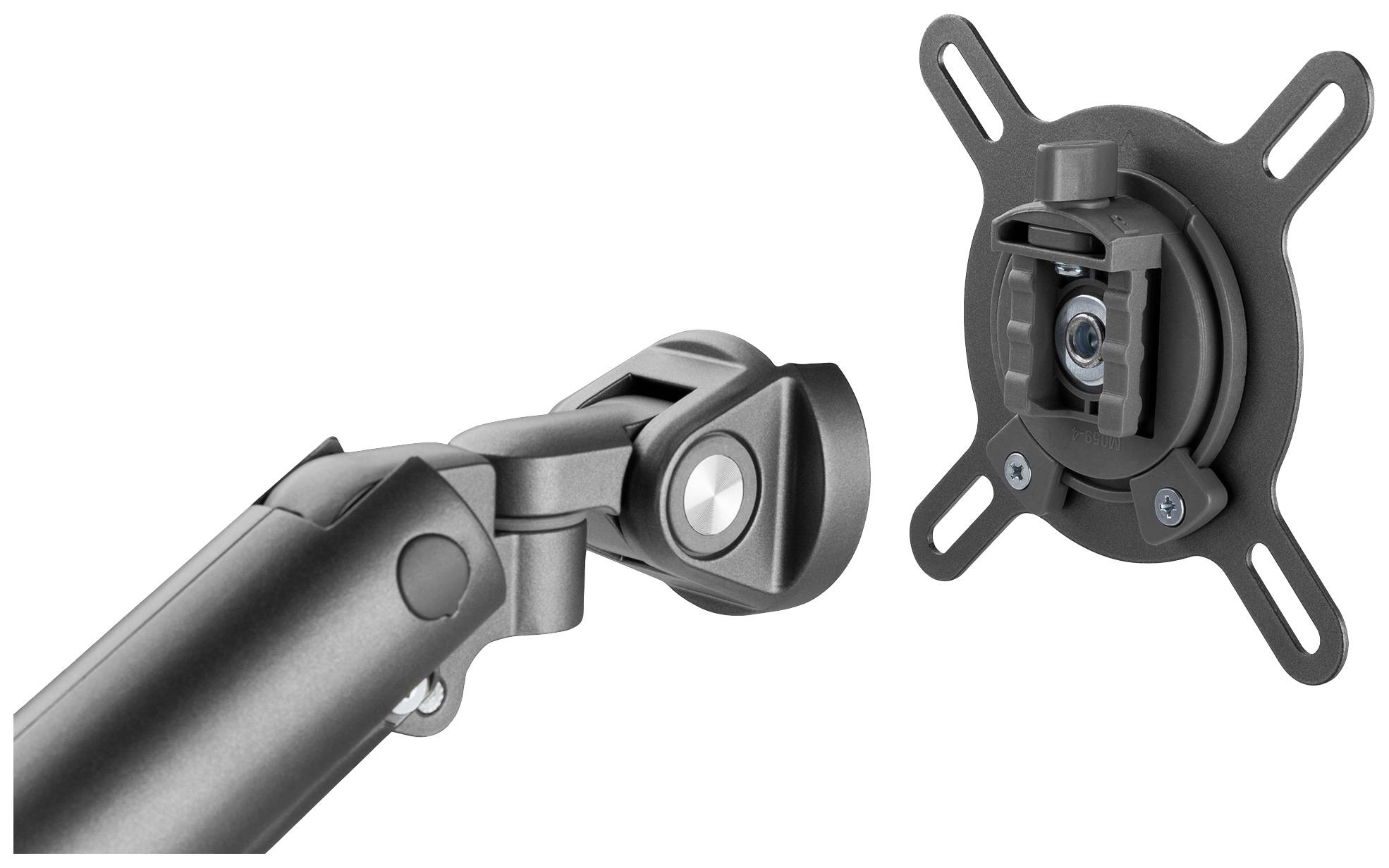 Monitor mount with VESA mounting shown, two joints for flexible positioning, mountable on wall or desk for ergonomic working.