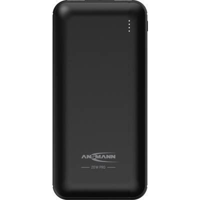 A black power bank with the inscription 'Ansmann 20W Pro'. Four small LEDs indicate the charging status.