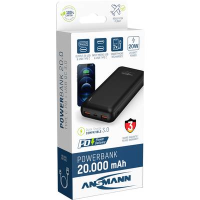 Powerbank packaging with 20,000 mAh capacity, Type-C PD and USB 3.0. Supports Quick Charge 3.0. 3-year warranty included.