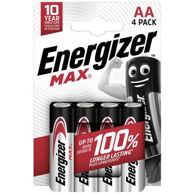 Four-pack of Energizer Max AA Batteries with 10-year shelf life. Packaging features a battery character with a smile.