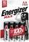 Four-pack of Energizer Max AA Batteries with 10-year shelf life. Packaging features a battery character with a smile.