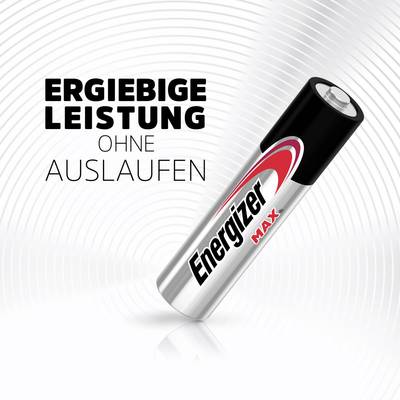 Battery with the label 'Energizer MAX'. Text in the background: 'Long-lasting performance without leakage'.