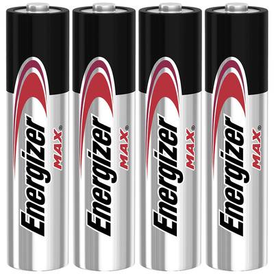 Four Energizer MAX AA batteries placed side by side, with black and red logo on silver casing.