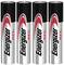 Four Energizer MAX AA batteries placed side by side, with black and red logo on silver casing.