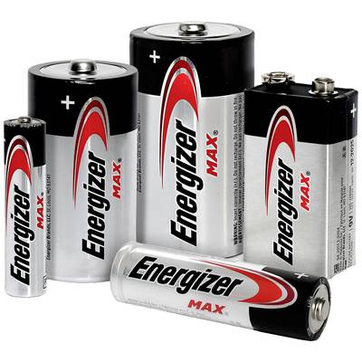 Five Energizer batteries of various sizes, from AAA to 9-volt, stand upright, surrounded by a silver and red design.