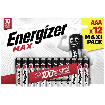 A pack of 12 AAA 'Energizer Max' batteries, advertised as '100% longer lasting'. Includes a cartoon character.