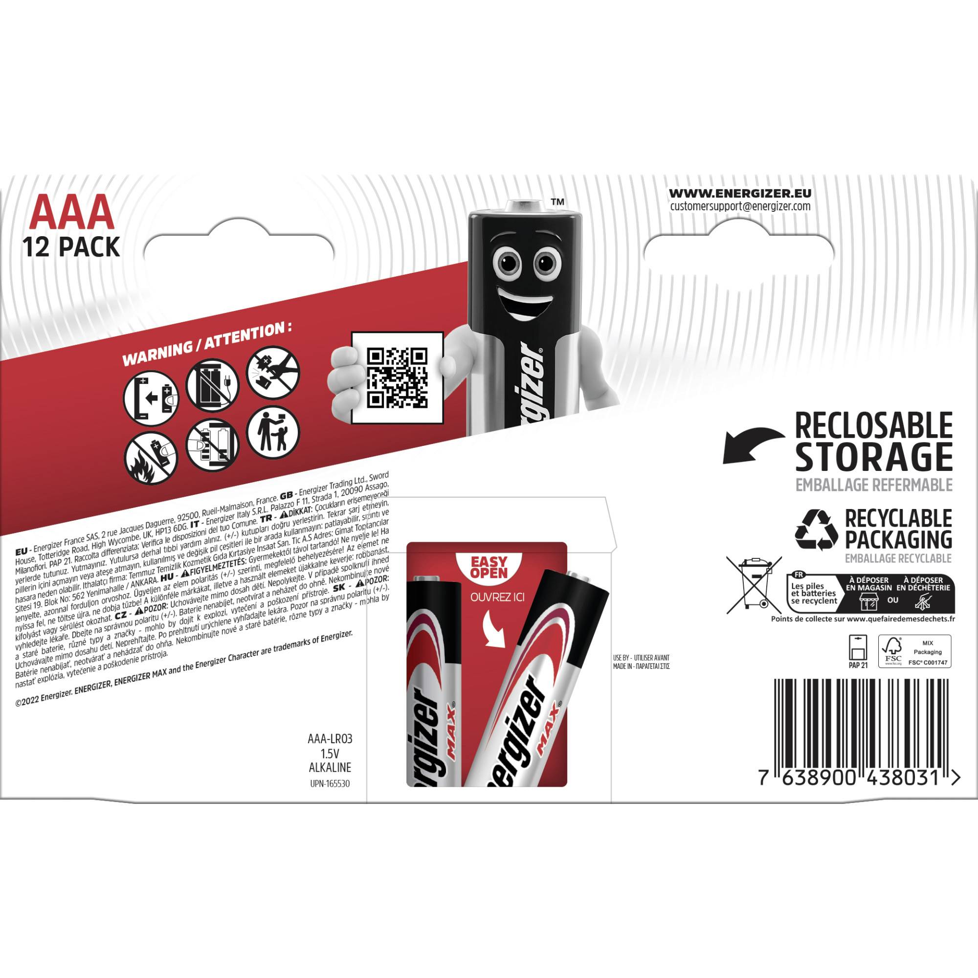 Packaging of AAA Batteries, 12-Pack, with Warning Labels and Recycling Information. A Playful Battery Mascot is Depicted.