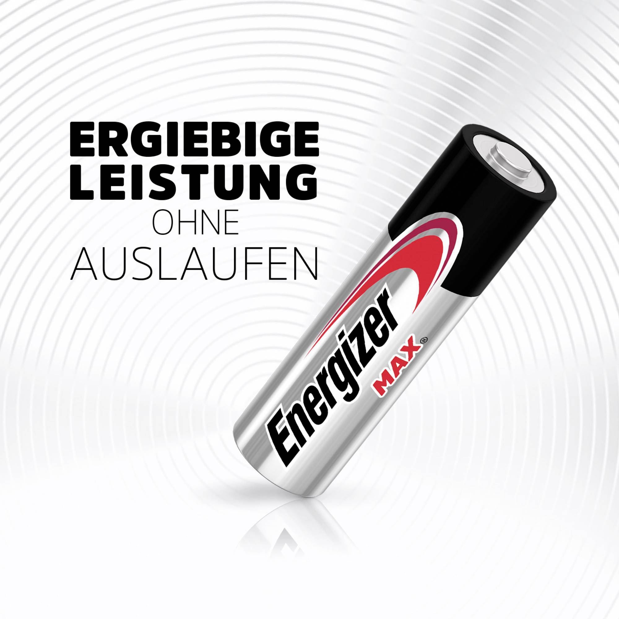 An Energizer battery with the slogan 'Long-lasting Power Without Leakage' on a white background with grey circles.