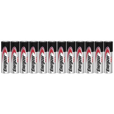Twelve Energizer Max AA batteries lined up in a row.